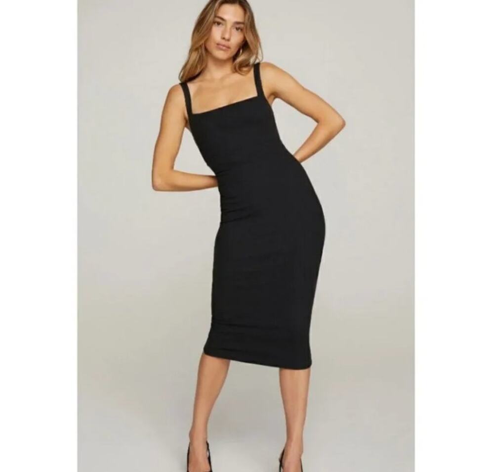Good American 90s Ribbed Tank Black Size 6 Square Neck Midi Dress NWT